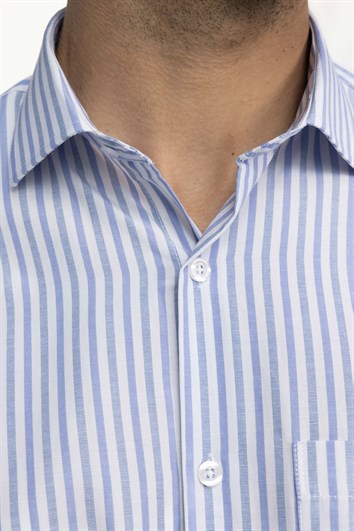 Erkek Regular Fit Klasik Kesim Tek Cepli Çizgili Beyaz İtalyan Yaka Gömlek