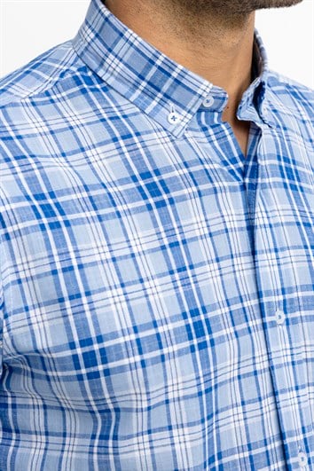 Erkek Regular Fit Rahat Kesim %100 Pamuk Keten Doku Ekose Düğmeli Yaka Sax Mavi Gömlek