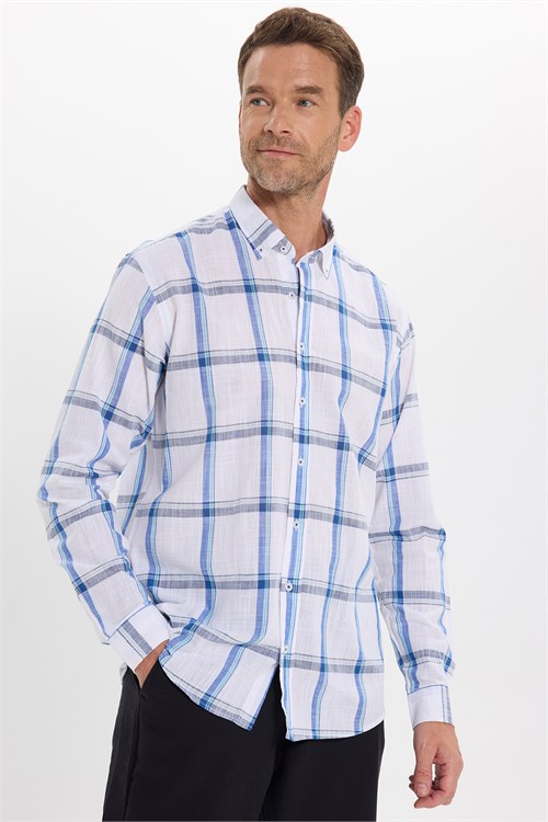 Erkek Regular Fit Rahat Kesim %100 Pamuk Keten Doku Ekoseli Düğmeli Yaka Beyaz Gömlek