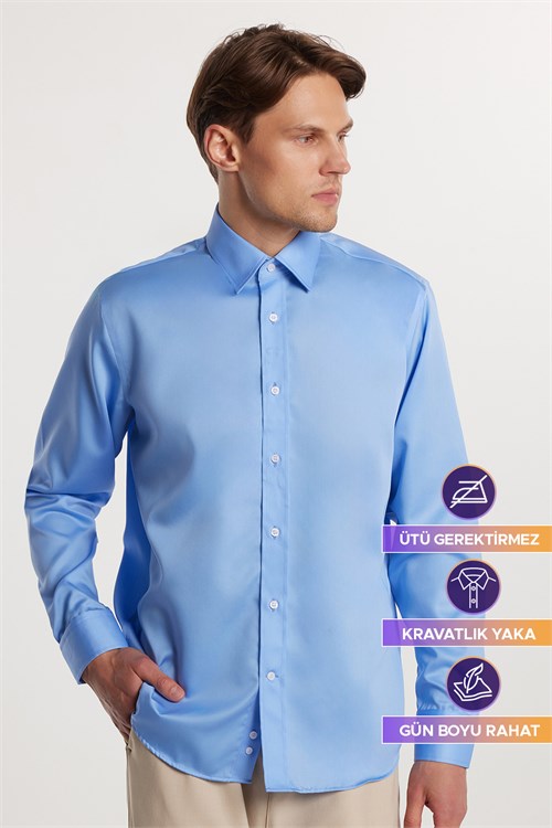 Regular Fit Mavi Non-Iron %100 Pamuk Doğa Dostu Ekoteks Belgeli  Gömlek