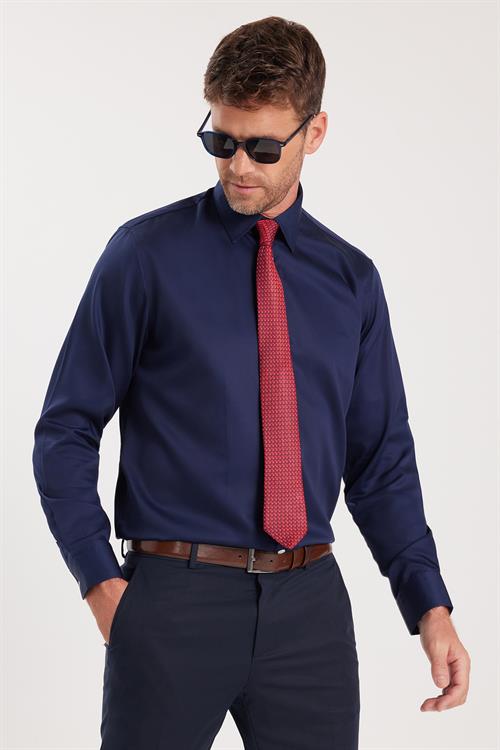 Regular Fit Lacivert Non-Iron %100 Pamuk Doğa Dostu Ekoteks Belgeli Ütü Gerektirmez Gömlek