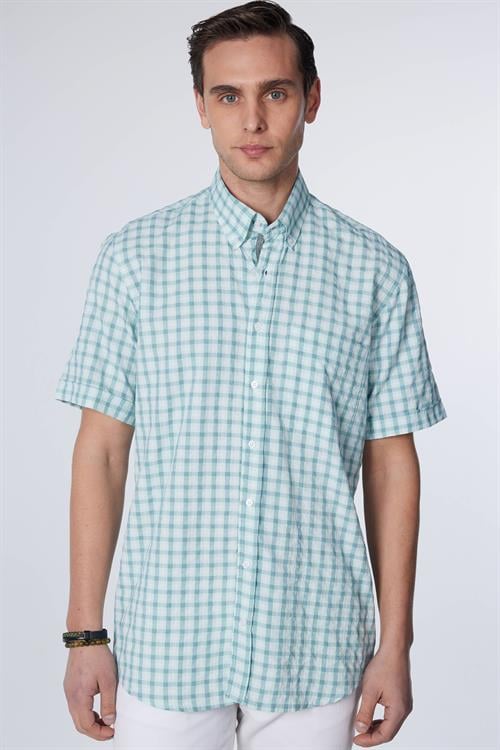 Erkek Regular Fit Klasik Kesim Oversize %100 Pamuk Keten Doku Tek Cep Kareli Düğmeli Yaka Gömlek