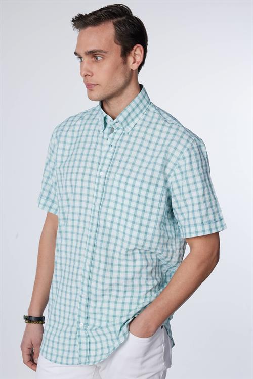 Erkek Regular Fit Klasik Kesim Oversize %100 Pamuk Keten Doku Tek Cep Kareli Düğmeli Yaka Gömlek