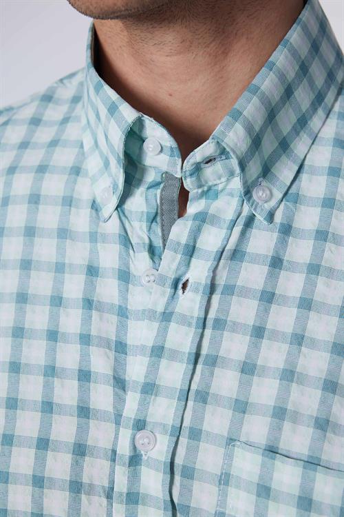 Erkek Regular Fit Klasik Kesim Oversize %100 Pamuk Keten Doku Tek Cep Kareli Düğmeli Yaka Gömlek