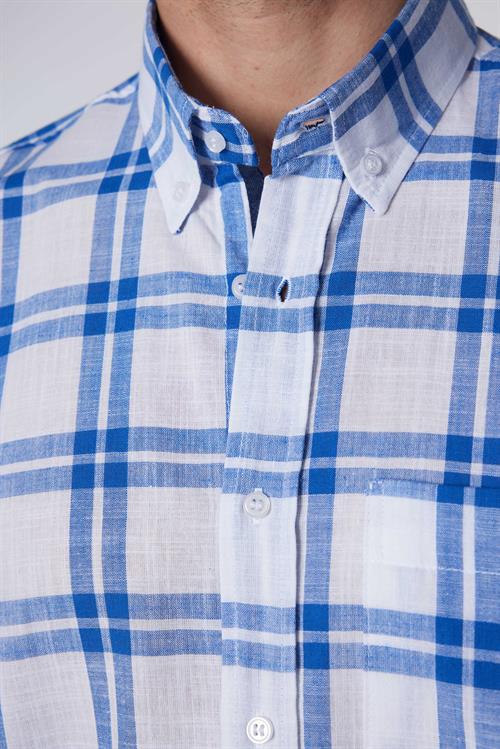 Erkek Regular Fit Klasik Kesim Oversize %100 Pamuk Keten Doku Tek Cep Kareli Düğmeli Yaka Gömlek