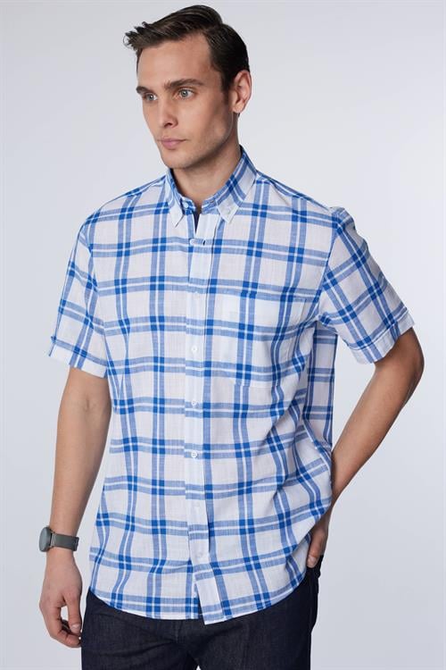Erkek Regular Fit Klasik Kesim Oversize %100 Pamuk Keten Doku Tek Cep Kareli Düğmeli Yaka Gömlek