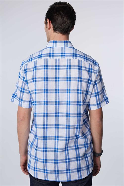 Erkek Regular Fit Klasik Kesim Oversize %100 Pamuk Keten Doku Tek Cep Kareli Düğmeli Yaka Gömlek