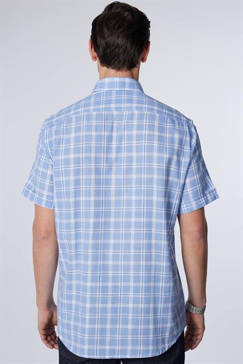 Erkek Regular Fit Klasik Kesim Oversize %100 Pamuk Keten Doku Tek Cep Kareli Düğmeli Yaka Gömlek