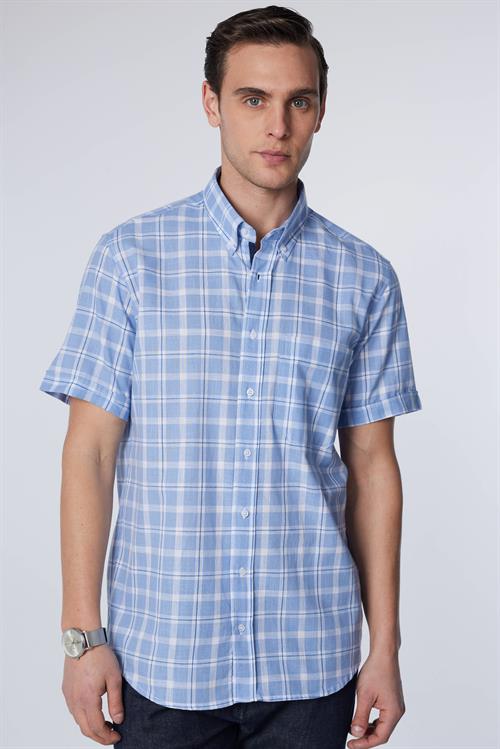 Erkek Regular Fit Klasik Kesim Oversize %100 Pamuk Keten Doku Tek Cep Kareli Düğmeli Yaka Gömlek