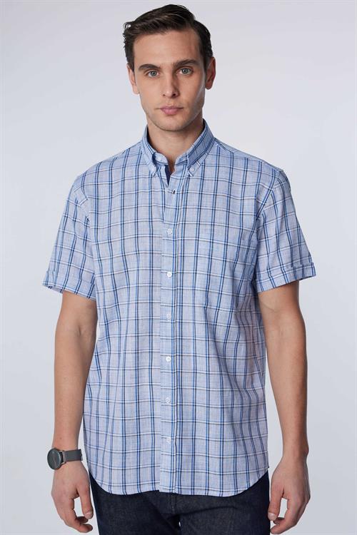 Erkek Regular Fit Klasik Kesim Oversize %100 Pamuk Keten Doku Tek Cep Kareli Düğmeli Yaka Gömlek