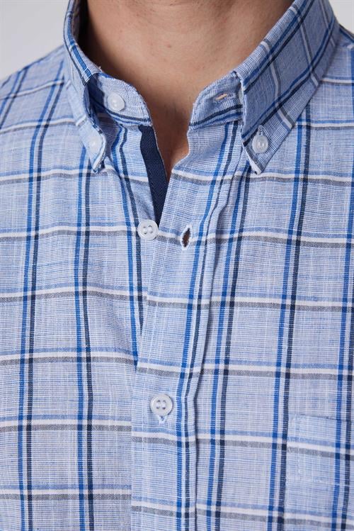 Erkek Regular Fit Klasik Kesim Oversize %100 Pamuk Keten Doku Tek Cep Kareli Düğmeli Yaka Gömlek