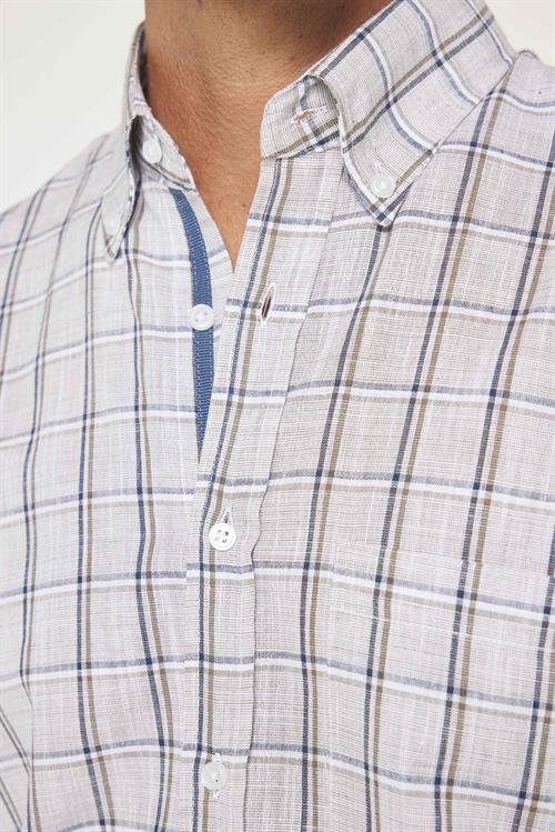 Erkek Regular Fit Klasik Kesim Oversize %100 Pamuk Keten Doku Tek Cep Kareli Düğmeli Yaka Gömlek