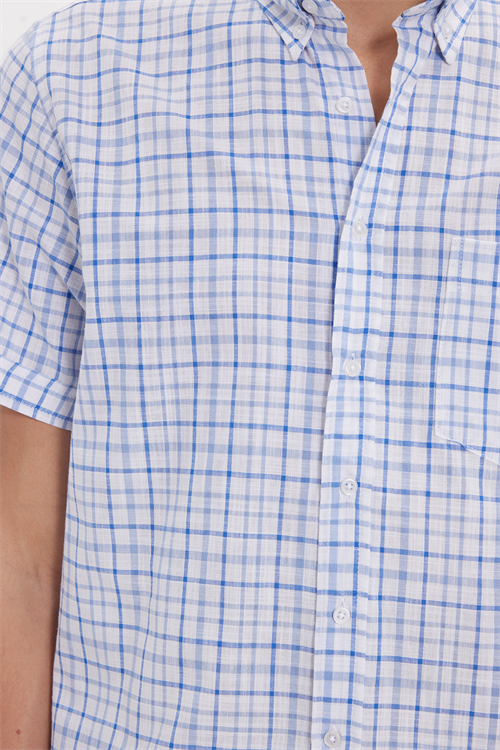 Erkek Regular Fit Klasik Kesim Oversize %100 Pamuk Keten Doku Tek Cep Kareli Düğmeli Yaka Gömlek