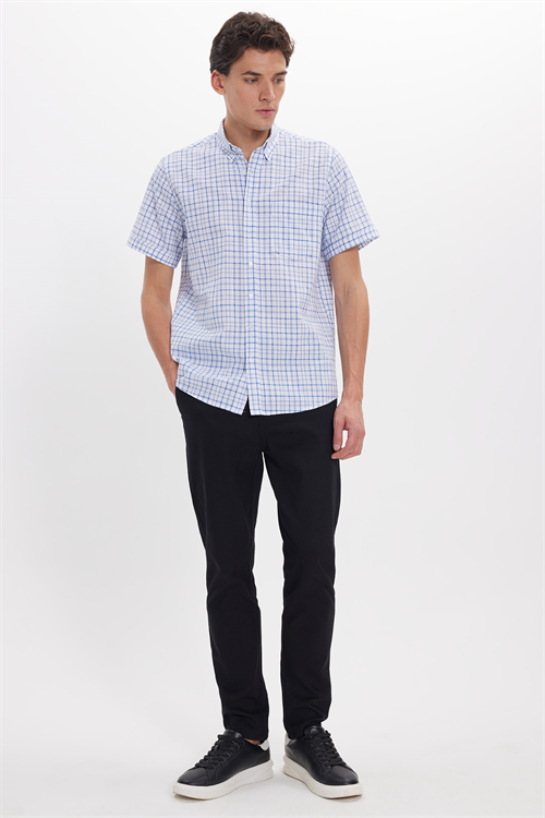 Erkek Regular Fit Klasik Kesim Oversize %100 Pamuk Keten Doku Tek Cep Kareli Düğmeli Yaka Gömlek