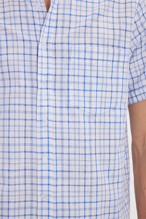 Erkek Regular Fit Klasik Kesim Oversize %100 Pamuk Keten Doku Tek Cep Kareli Düğmeli Yaka Gömlek