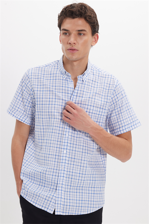 Erkek Regular Fit Klasik Kesim Oversize %100 Pamuk Keten Doku Tek Cep Kareli Düğmeli Yaka Gömlek