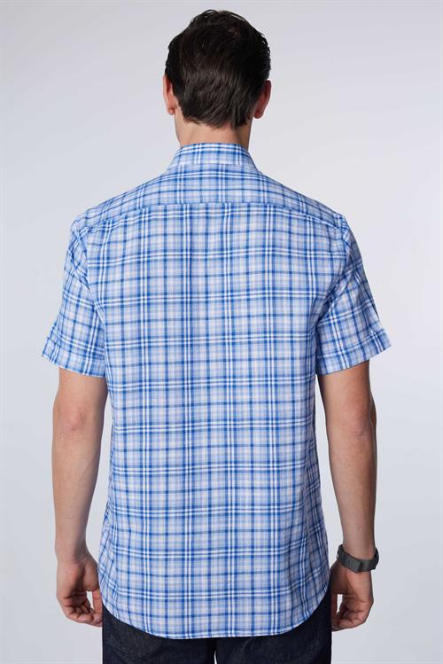 Erkek Regular Fit Klasik Kesim Oversize %100 Pamuk Keten Doku Tek Cep Kareli Düğmeli Yaka Gömlek