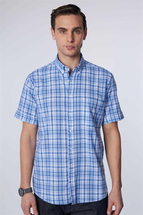 Erkek Regular Fit Klasik Kesim Oversize %100 Pamuk Keten Doku Tek Cep Kareli Düğmeli Yaka Gömlek