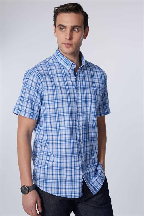 Erkek Regular Fit Klasik Kesim Oversize %100 Pamuk Keten Doku Tek Cep Kareli Düğmeli Yaka Gömlek