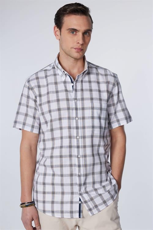 Erkek Regular Fit Klasik Kesim Oversize %100 Pamuk Keten Doku Tek Cep Kareli Düğmeli Yaka Gömlek