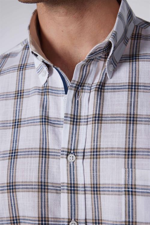 Erkek Regular Fit Klasik Kesim Oversize %100 Pamuk Keten Doku Tek Cep Kareli Düğmeli Yaka Gömlek