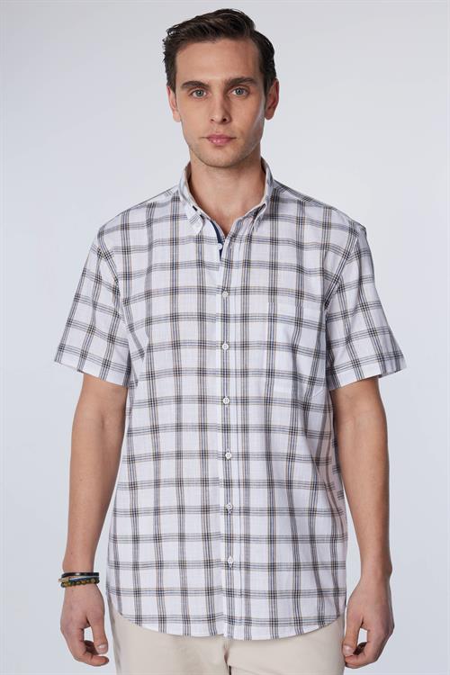 Erkek Regular Fit Klasik Kesim Oversize %100 Pamuk Keten Doku Tek Cep Kareli Düğmeli Yaka Gömlek