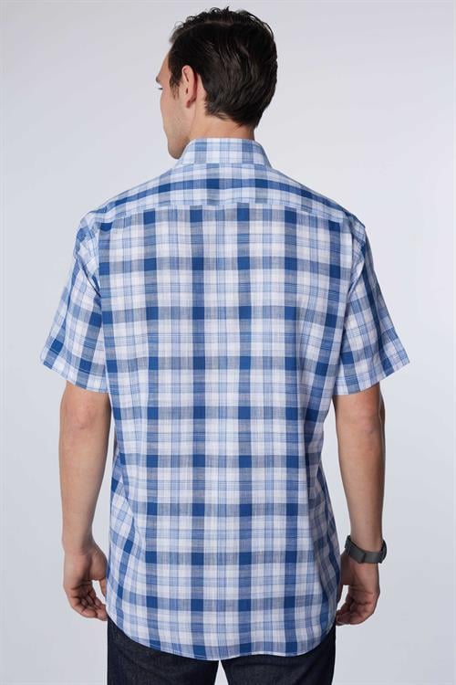 Erkek Regular Fit Klasik Kesim Oversize %100 Pamuk Keten Doku Tek Cep Kareli Düğmeli Yaka Gömlek