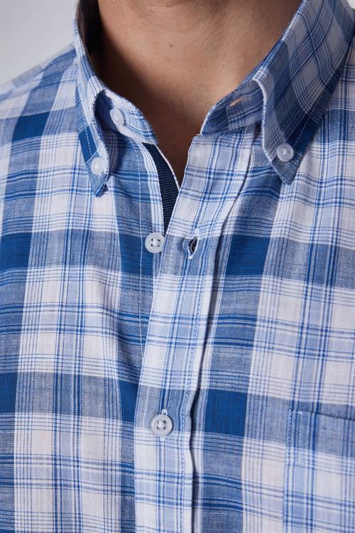 Erkek Regular Fit Klasik Kesim Oversize %100 Pamuk Keten Doku Tek Cep Kareli Düğmeli Yaka Gömlek