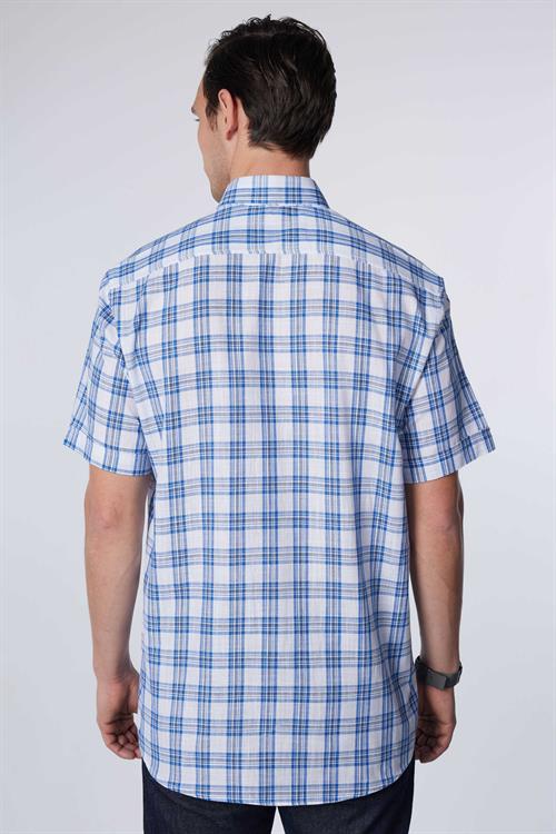 Erkek Regular Fit Klasik Kesim Oversize %100 Pamuk Keten Doku Tek Cep Kareli Düğmeli Yaka Gömlek