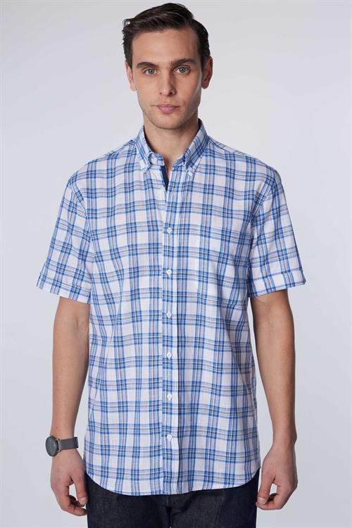 Erkek Regular Fit Klasik Kesim Oversize %100 Pamuk Keten Doku Tek Cep Kareli Düğmeli Yaka Gömlek