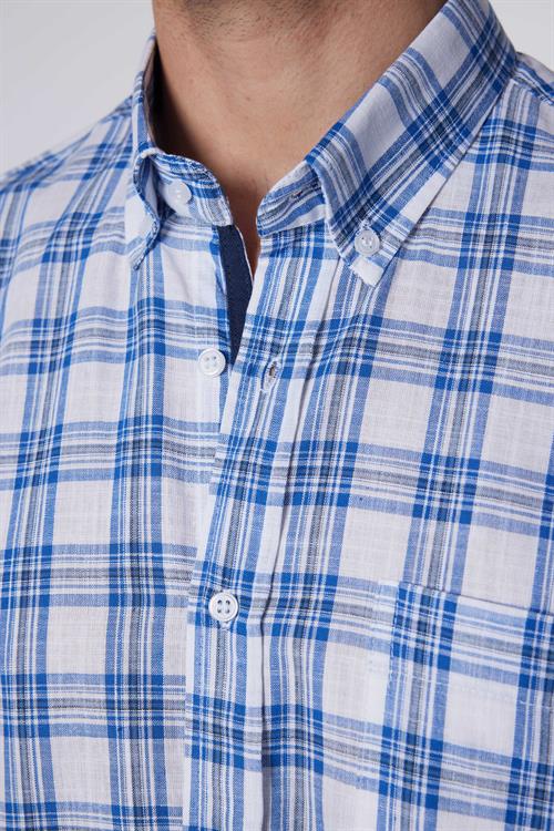 Erkek Regular Fit Klasik Kesim Oversize %100 Pamuk Keten Doku Tek Cep Kareli Düğmeli Yaka Gömlek