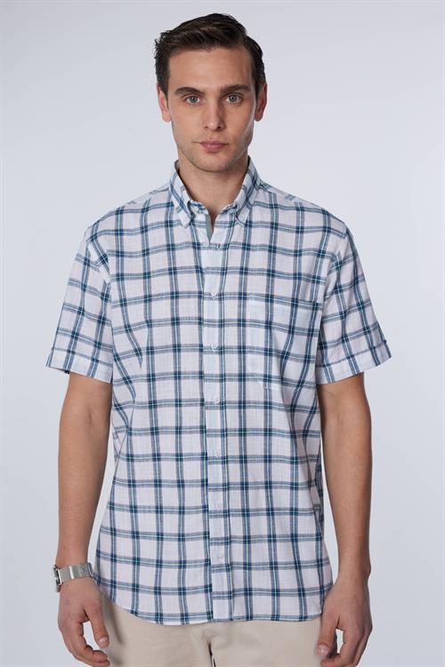 Erkek Regular Fit Klasik Kesim Oversize %100 Pamuk Keten Doku Tek Cep Kareli Düğmeli Yaka Gömlek