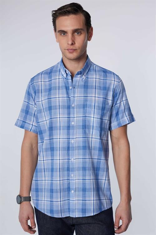 Erkek Regular Fit Klasik Kesim Oversize %100 Pamuk Keten Doku Tek Cep Kareli Düğmeli Yaka Gömlek