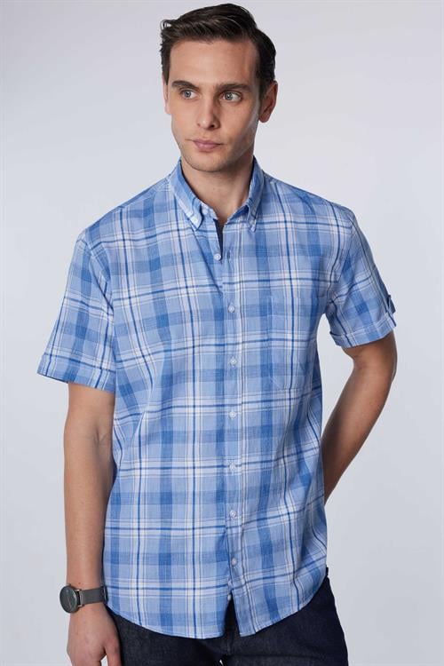 Erkek Regular Fit Klasik Kesim Oversize %100 Pamuk Keten Doku Tek Cep Kareli Düğmeli Yaka Gömlek