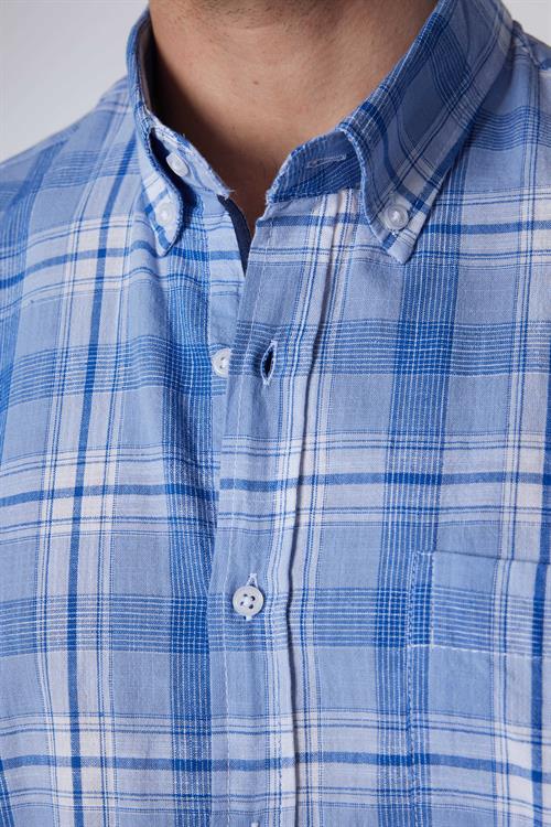Erkek Regular Fit Klasik Kesim Oversize %100 Pamuk Keten Doku Tek Cep Kareli Düğmeli Yaka Gömlek