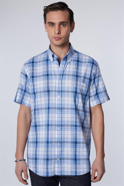 Erkek Regular Fit Klasik Kesim Oversize %100 Pamuk Keten Doku Tek Cep Kareli Düğmeli Yaka Gömlek