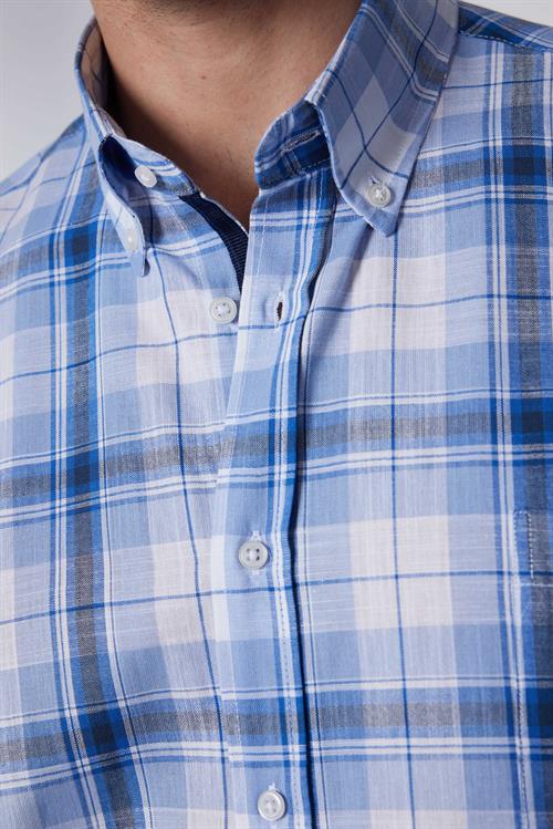 Erkek Regular Fit Klasik Kesim Oversize %100 Pamuk Keten Doku Tek Cep Kareli Düğmeli Yaka Gömlek