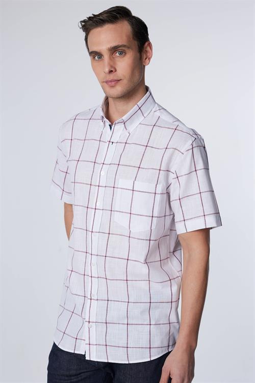 Erkek Regular Fit Klasik Kesim Oversize %100 Pamuk Keten Doku Tek Cep Kareli Düğmeli Yaka Gömlek