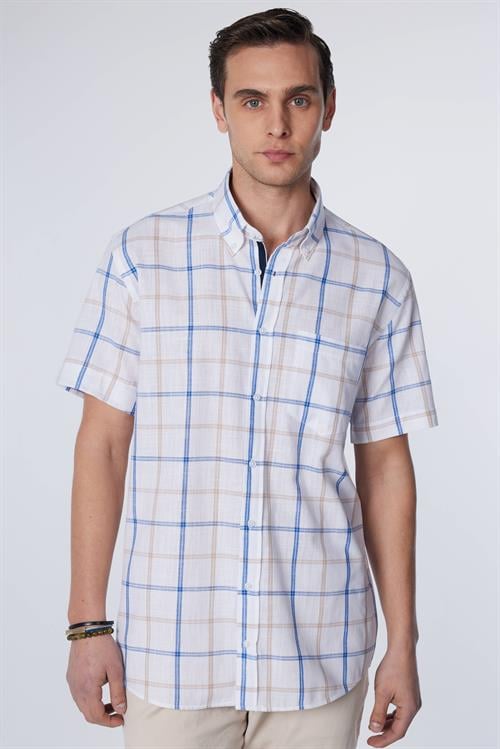 Erkek Regular Fit Klasik Kesim Oversize %100 Pamuk Keten Doku Tek Cep Kareli Düğmeli Yaka Gömlek