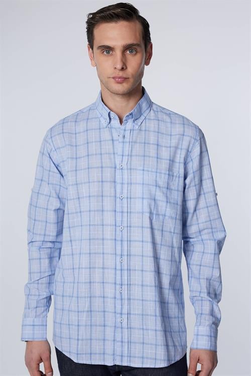 Erkek Regular Fit Klasik Kesim Oversize %100 Pamuk Keten Doku Tek Cep Kareli Düğmeli Yaka Gömlek