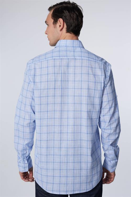 Erkek Regular Fit Klasik Kesim Oversize %100 Pamuk Keten Doku Tek Cep Kareli Düğmeli Yaka Gömlek
