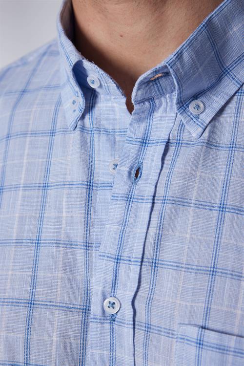Erkek Regular Fit Klasik Kesim Oversize %100 Pamuk Keten Doku Tek Cep Kareli Düğmeli Yaka Gömlek