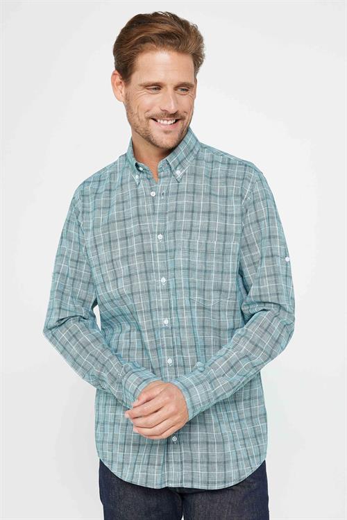 Erkek Regular Fit Klasik Kesim Oversize %100 Pamuk Keten Doku Tek Cep Kareli Düğmeli Yaka Gömlek