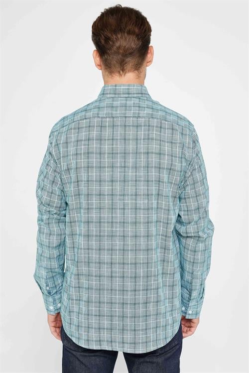 Erkek Regular Fit Klasik Kesim Oversize %100 Pamuk Keten Doku Tek Cep Kareli Düğmeli Yaka Gömlek