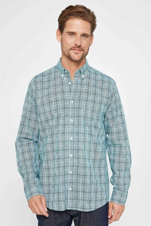 Erkek Regular Fit Klasik Kesim Oversize %100 Pamuk Keten Doku Tek Cep Kareli Düğmeli Yaka Gömlek