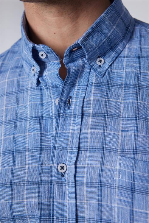 Erkek Regular Fit Klasik Kesim Oversize %100 Pamuk Keten Doku Tek Cep Kareli Düğmeli Yaka Gömlek
