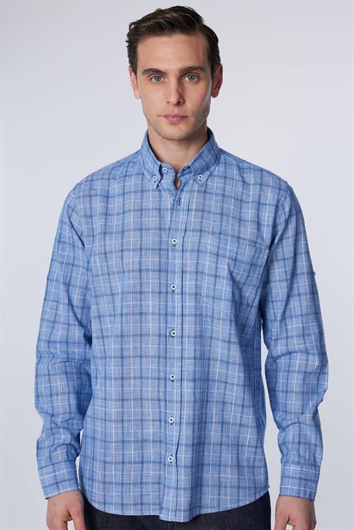Erkek Regular Fit Klasik Kesim Oversize %100 Pamuk Keten Doku Tek Cep Kareli Düğmeli Yaka Gömlek