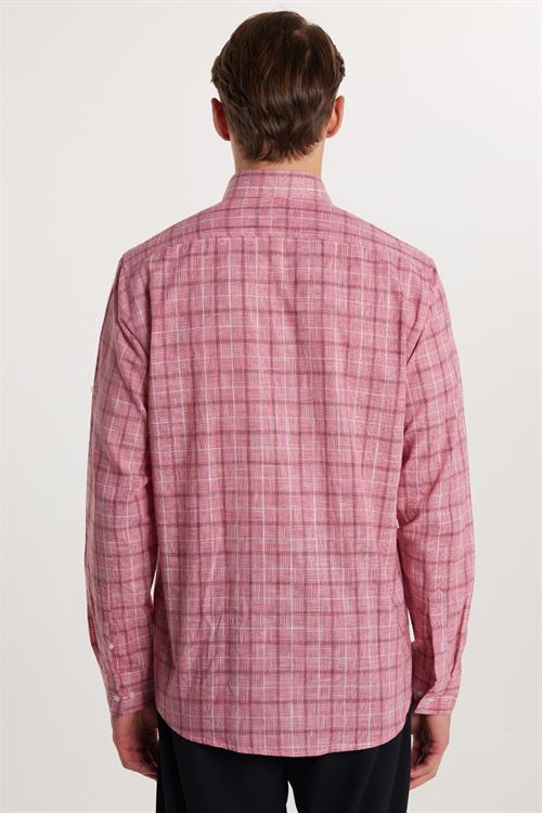 Erkek Regular Fit Klasik Kesim Oversize %100 Pamuk Keten Doku Tek Cep Kareli Düğmeli Yaka Gömlek