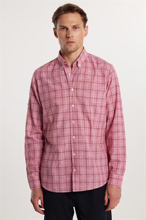 Erkek Regular Fit Klasik Kesim Oversize %100 Pamuk Keten Doku Tek Cep Kareli Düğmeli Yaka Gömlek
