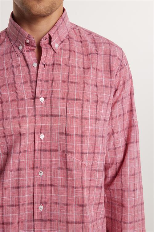 Erkek Regular Fit Klasik Kesim Oversize %100 Pamuk Keten Doku Tek Cep Kareli Düğmeli Yaka Gömlek